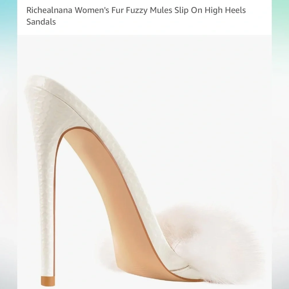 Richealnana Women's white Fur Fuzzy Mules Slip On High Heels Sandals 9 stilettos - Picture 4 of 11